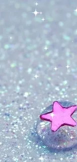 A pink star on a silver glittery background for mobile wallpaper.