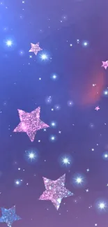 Dreamy wallpaper with glittery stars in purple-blue night sky.