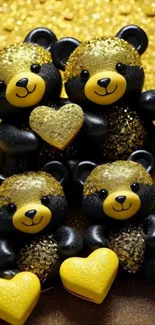 Teddy bears with golden hearts in glittery wallpaper design.