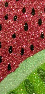 Glittery watermelon slice with pink and green sparkles.