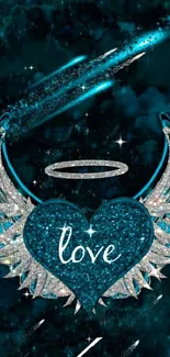 Teal heart with wings and a halo on a dark background.