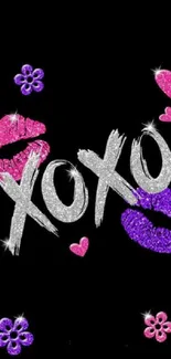 Glittery 'XOXO' wallpaper with colorful lips and hearts.