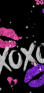 Glittery XOXO wallpaper with pink and purple lips on black background.