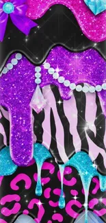 Glittery zebra and leopard wallpaper with neon colors and jewels.