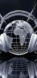 Globe with metallic headphones on black background.