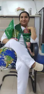 Person with earth and cultural attire in office.