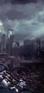 Post-apocalyptic cityscape with dark clouds and ruins.