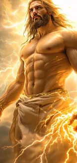 Majestic lightning god in golden light, powerful and divine.