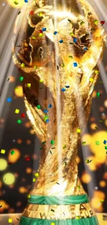 Glorious gold trophy with vibrant confetti on rays background.