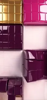 Glossy 3D geometric pattern with purple and gold blocks.