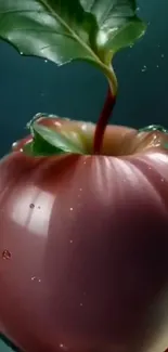 Glossy apple with water droplets and leaf.