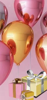 Glossy balloons with wrapped gifts in aesthetic wallpaper.