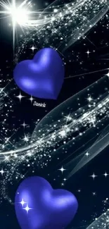 Glossy blue hearts with starry trails on a dark background.