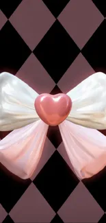 Glossy bow with heart on checkered background wallpaper.