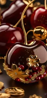 Glossy cherries with golden flowers on a mobile wallpaper.