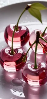 Glossy cherries with water droplets on a white plate.