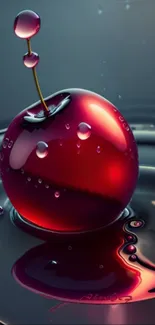 Glossy cherry on reflective surface with vibrant colors and water splash effect.