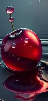 Glossy cherry floating on water surface, creating a vibrant art piece.