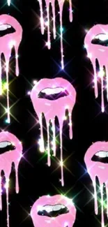 Mobile wallpaper with glossy dripping pink lips and sparkling stars on black background.