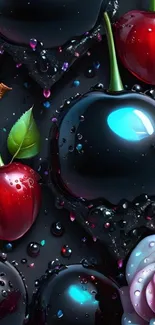 Glossy cherries and a rose art wallpaper