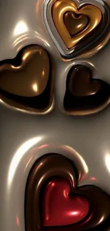 Glossy metallic hearts with elegant brown and gold tones on mobile wallpaper.