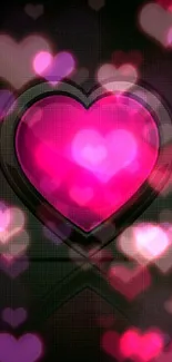 Glossy pink heart on a dark background with reflection.