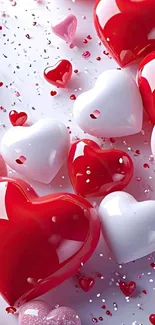 Glossy red, white, and pink 3D hearts wallpaper.