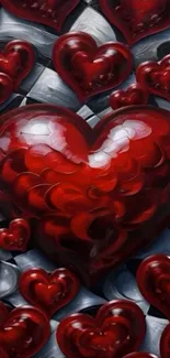 Glossy red heart pattern wallpaper with artistic design.