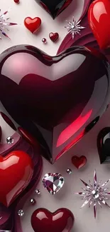 Glossy hearts with vibrant red and black tones creating a romantic design.