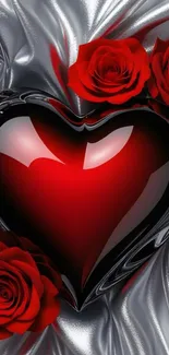 Glossy heart with red roses on silk background.