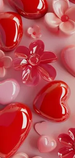 Glossy red hearts and pink flowers wallpaper.