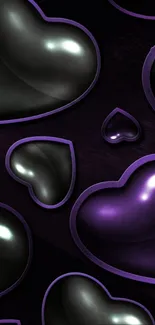 Glossy black and purple hearts wallpaper for mobile.