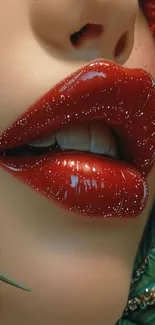 Glossy red lips with green details.