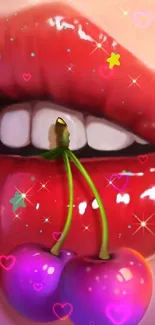 Glossy red lips biting cherries, artistic design.