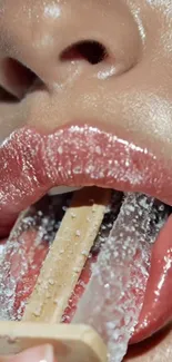 Close-up of glossy lips holding a textured ice pop.