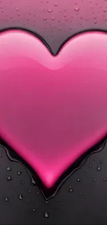 Glossy pink heart with droplets on dark background.