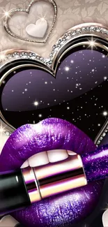 Glossy purple lips with glitter heart background.