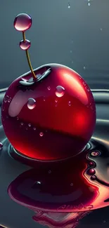 Glossy red cherry with droplets on a dark background.