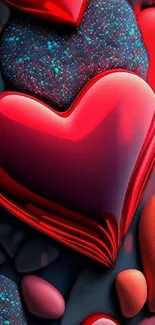 Glossy red heart with reflective textures, perfect for mobile wallpaper.