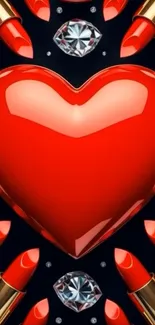Glossy red heart with lipsticks and diamonds wallpaper.