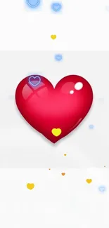 Glossy red heart with colorful floating hearts on a mobile wallpaper.