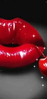 Glossy red lips with a cherry image.