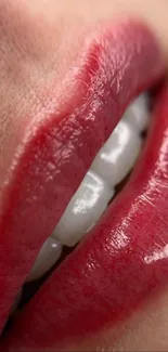 Closeup of glossy red lips with shining texture.