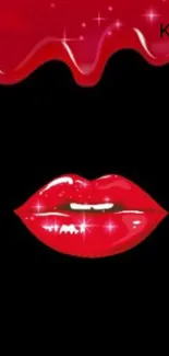 Glossy red lips on black background with dripping paint effect.