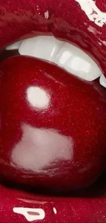 Glossy red lips holding a cherry in a vibrant close-up shot.