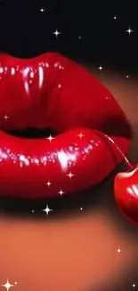 Glossy red lips with a cherry on a dark background mobile wallpaper.