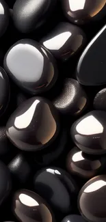 Shiny black stones with glossy surface texture.