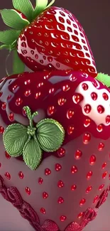 Glossy strawberry art with green leaves on a vibrant red background.