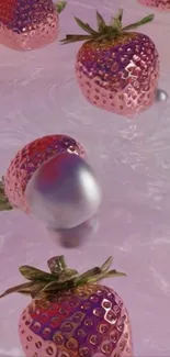 Glossy strawberries floating on pink surface wallpaper.