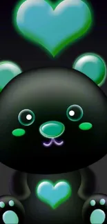 Black bear with glowing green hearts illustration.